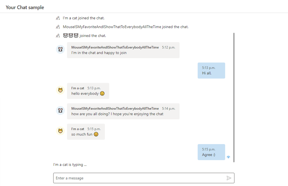 실제 Microsoft Teams 채팅 앱의 샘플이 실행되는 모습을 담은 화면 캡처.
