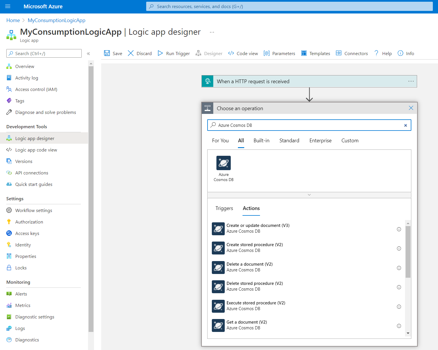 Screenshot showing the designer for a Consumption logic app workflow with the available Azure Cosmos DB actions.