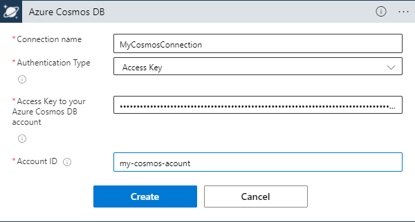 Screenshot showing an example Azure Cosmos DB connection configuration for a Consumption logic app workflow.