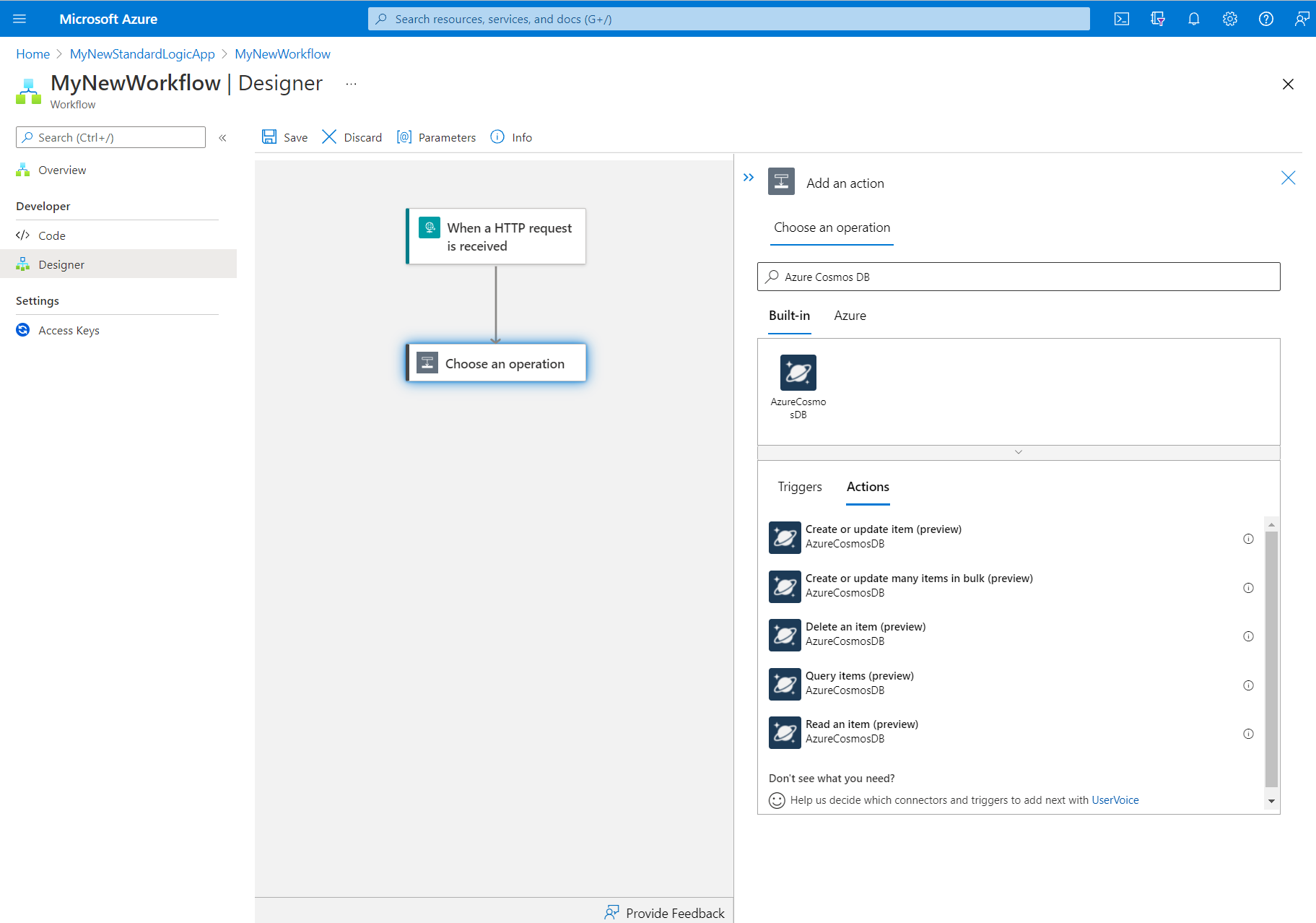 Screenshot showing the designer for a Standard logic app workflow and available Azure Cosmos DB actions.