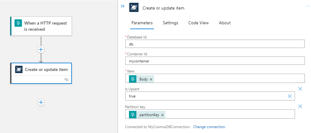 Screenshot showing the designer for a Standard logic app workflow with the Azure Cosmos DB 'Create or update item' action and parameters configuration.
