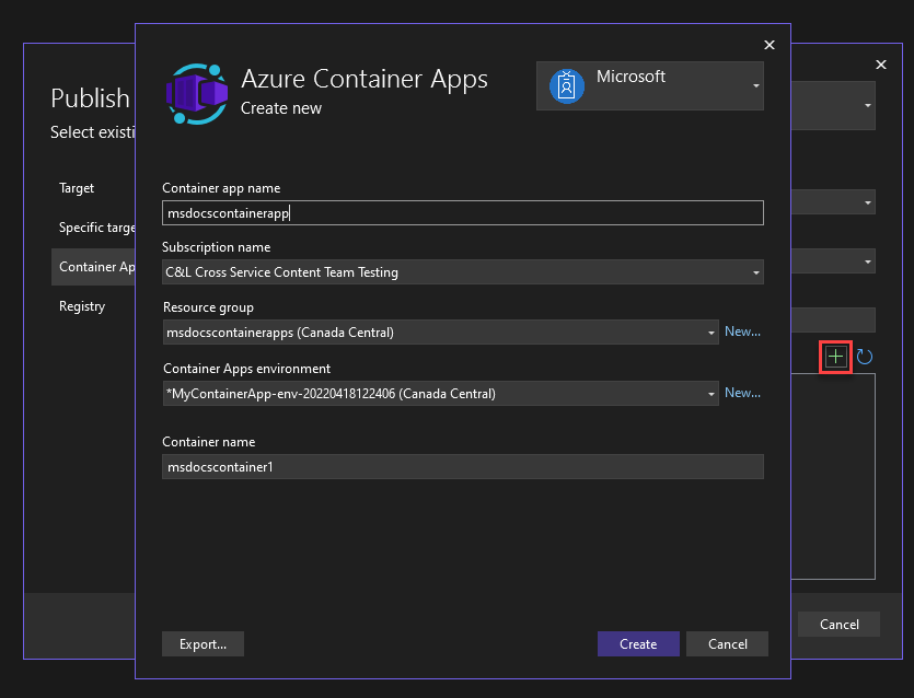 A screenshot showing how to create new Container Apps.