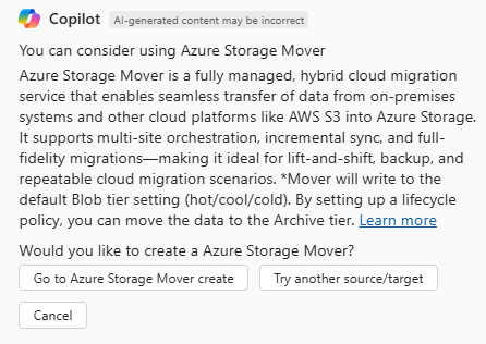 마이그레이션 권장 사항을 제공하는 Azure Copilot의 스크린샷