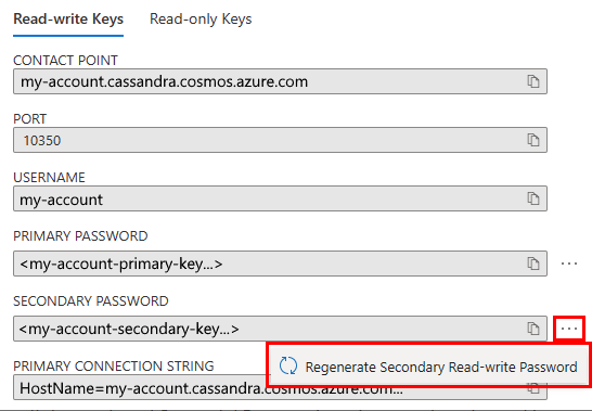 Screenshot showing how to regenerate the secondary key in the Azure portal when used with Cassandra.