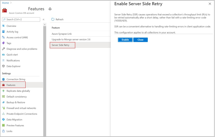 Azure Cosmos DB for MongoDB에 대한 서버 쪽 다시 시도 기능의 스크린샷