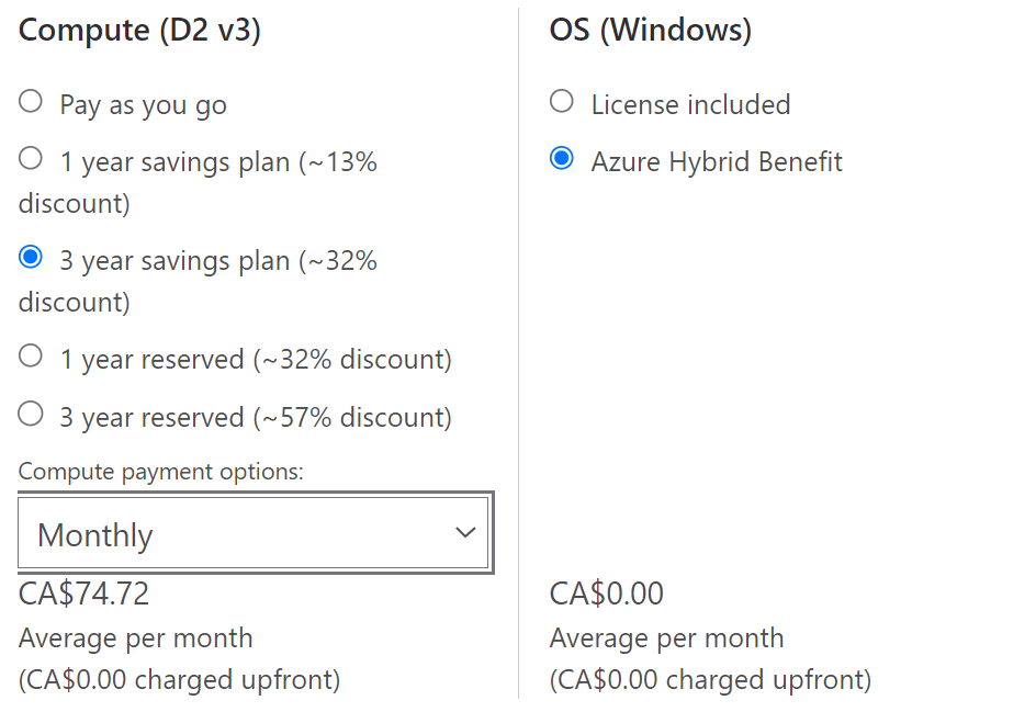 Example screenshot showing the Azure pricing calculator monthly compute charge value example.