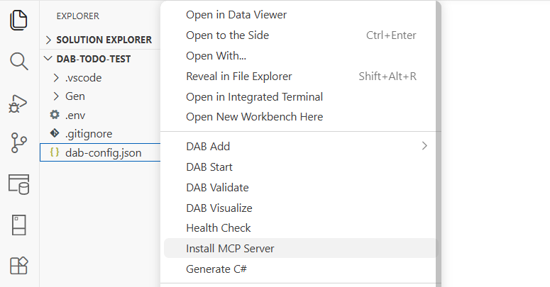 Visual Studio Code에서 MCP Server 설치 명령을 표시하는 DAB MCP 확장의 스크린샷