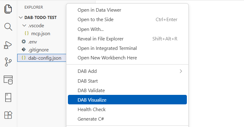 Visual Studio Code에서 ER 다이어그램으로 렌더링된 DAB 시각화 출력의 스크린샷.