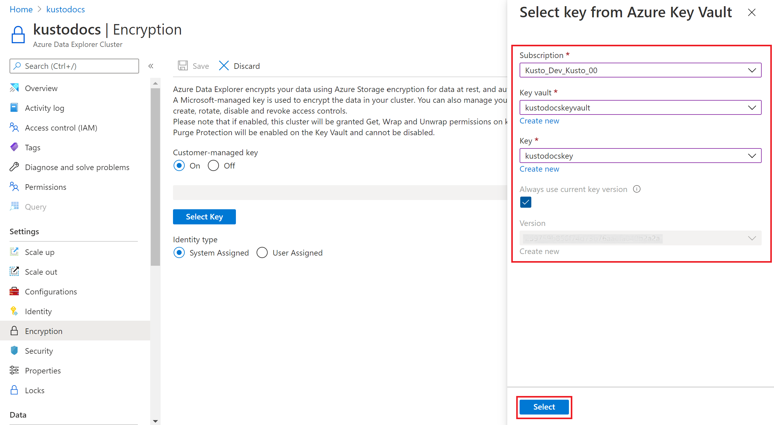 Azure Key Vault에서 키 선택을 보여 주는 스크린샷