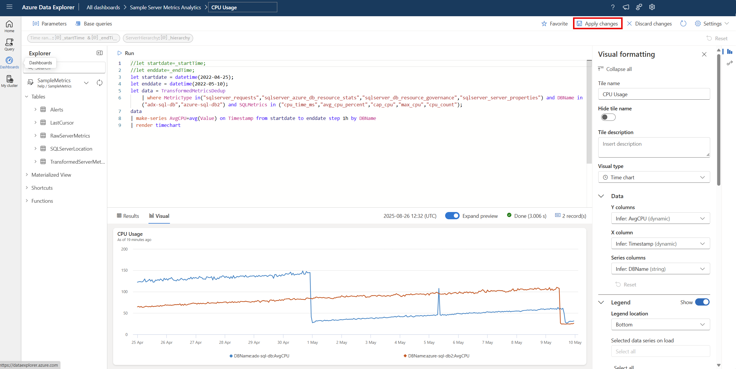 Azure Data Explorer 웹 UI에서 대시보드 타일에 변경 내용을 저장하는 방법의 스크린샷