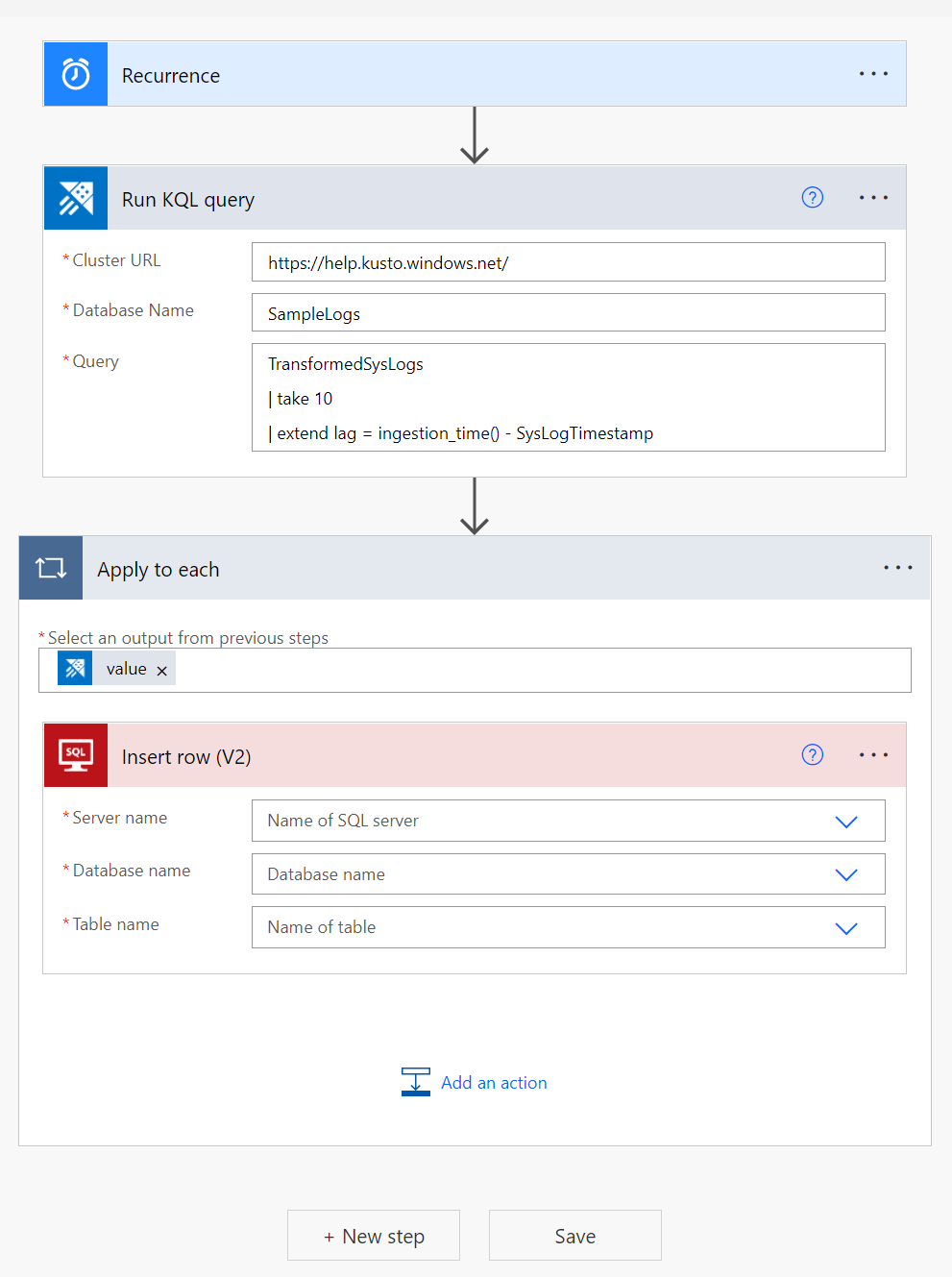 커넥터를 사용하여 데이터를 쿼리하는 것을 보여 주는 SQL 커넥터의 Power Automate 스크린샷