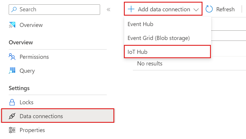 데이터 연결 추가 탭이 선택된 데이터 수집 창을 보여 주는 Azure Data Explorer 웹 UI의 스크린샷