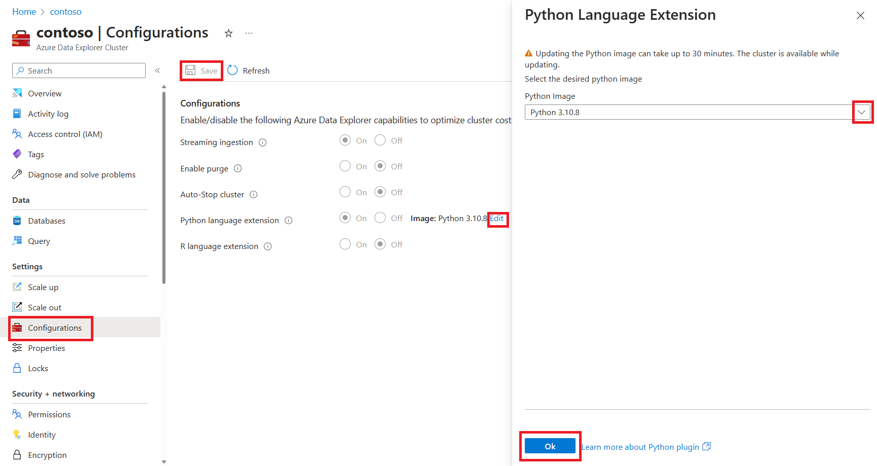 Python 언어 확장 편집 단추 및 이미지 선택을 보여 주는 Azure Data Explorer 클러스터 구성 페이지의 스크린샷