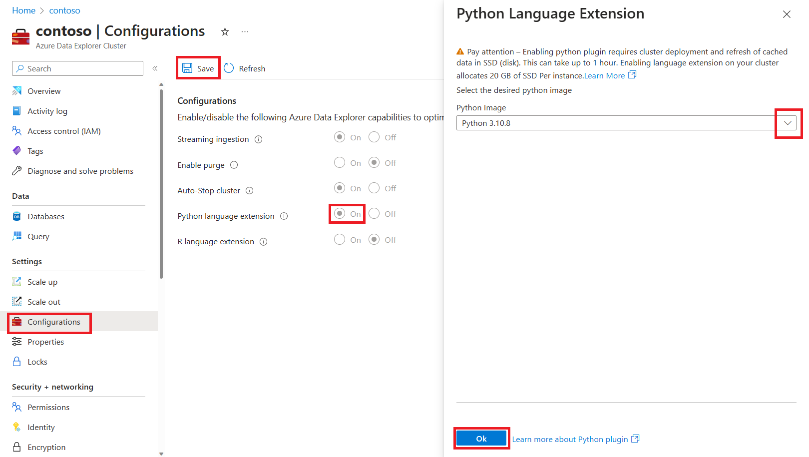Python 언어 확장 이미지 선택을 보여 주는 Azure Data Explorer 클러스터 구성 페이지의 스크린샷