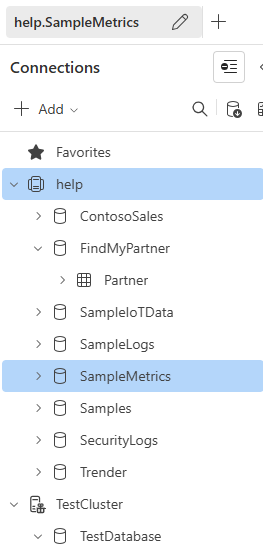 샘플 데이터베이스 및 테이블을 트리 다이어그램으로 보여주는 Azure Data Explorer UI 클러스터 연결 창의 스크린샷