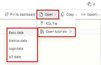 쿼리 창에서 샘플 자습서를 선택하는 Azure Data Explorer 웹 UI 드롭다운 메뉴를 보여주는 스크린샷