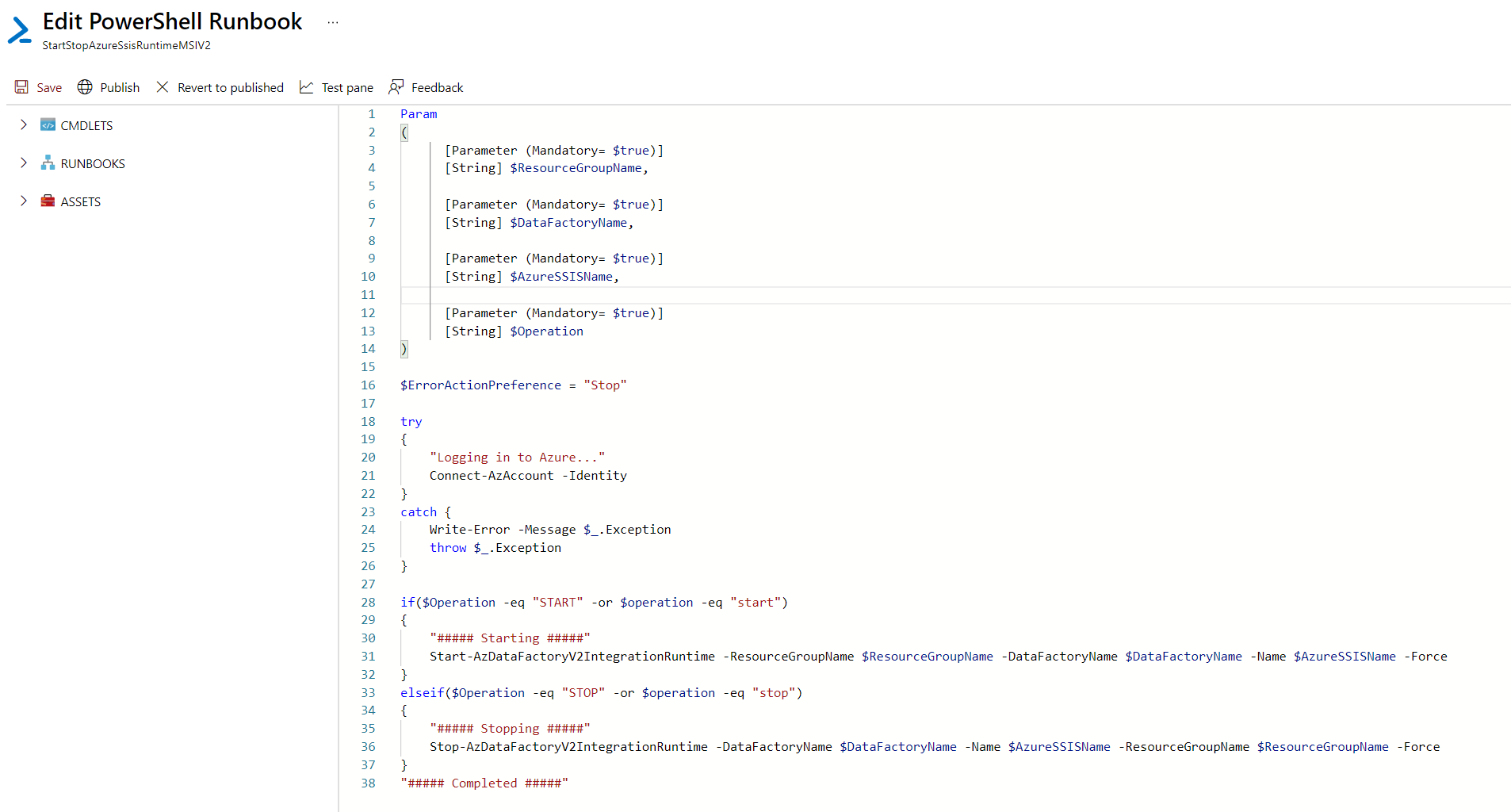 PowerShell Runbook을 편집하기 위한 인터페이스의 스크린샷.