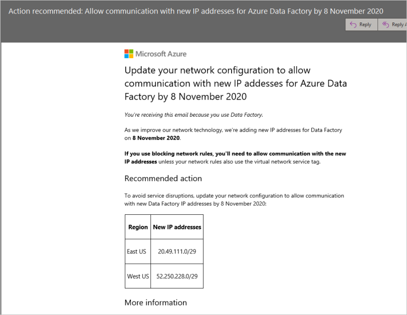 네트워크 구성 업데이트를 요청하는 Microsoft 이메일 알림의 스크린샷