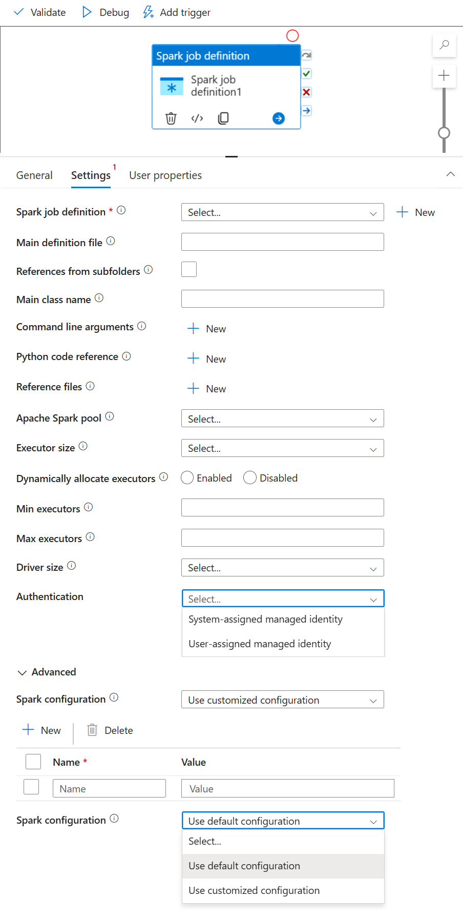 Screenshot that shows the UI for the spark job definition activity.