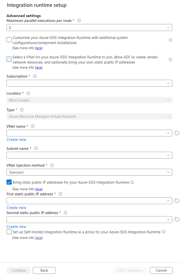 Advanced settings with a virtual network