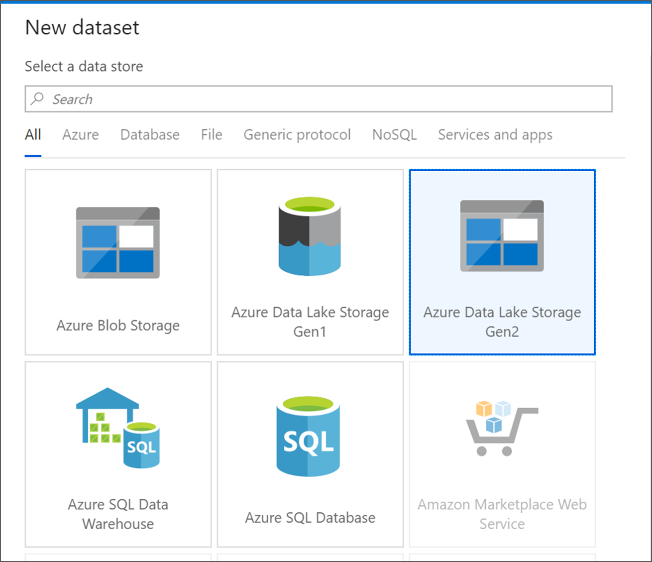 선택할 수 있는 Azure Data Lake Storage Gen2 타일을 보여주는 스크린샷.