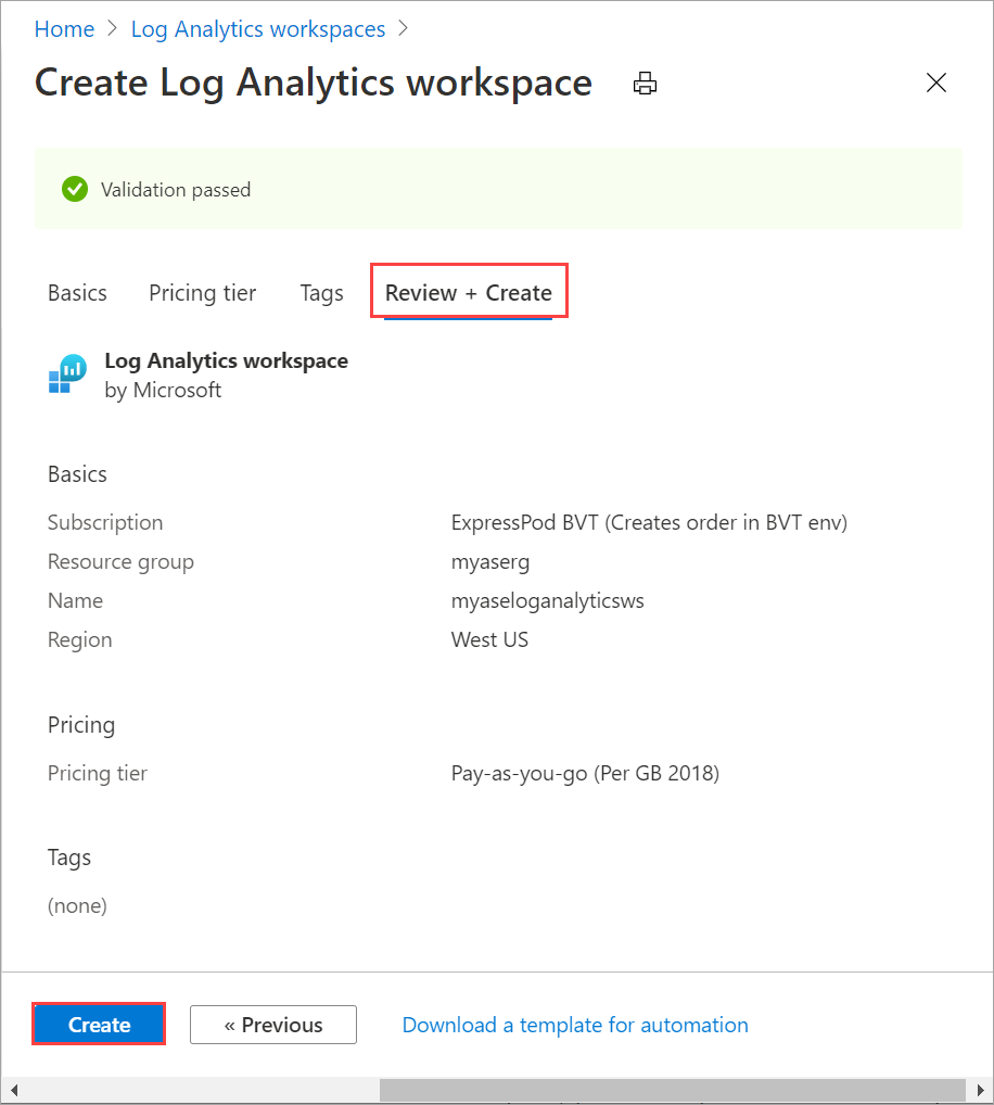 Review + Create for Log Analytics workspace