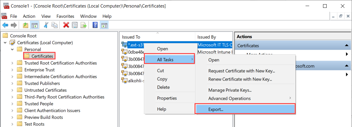 Screenshot showing the Export option for a selected certificate in the Personal Certificates store on a device. The Export option on the All Tasks menu is highlighted.