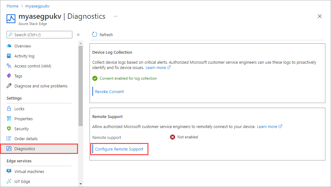 원격 지원 구성이 강조 표시된 Azure Stack Edge에서 원격 지원을 사용하도록 설정하는 스크린샷.