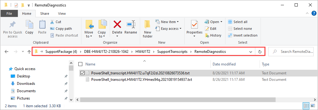 Screenshot of SupportTranscripts folder highlighted in Support package