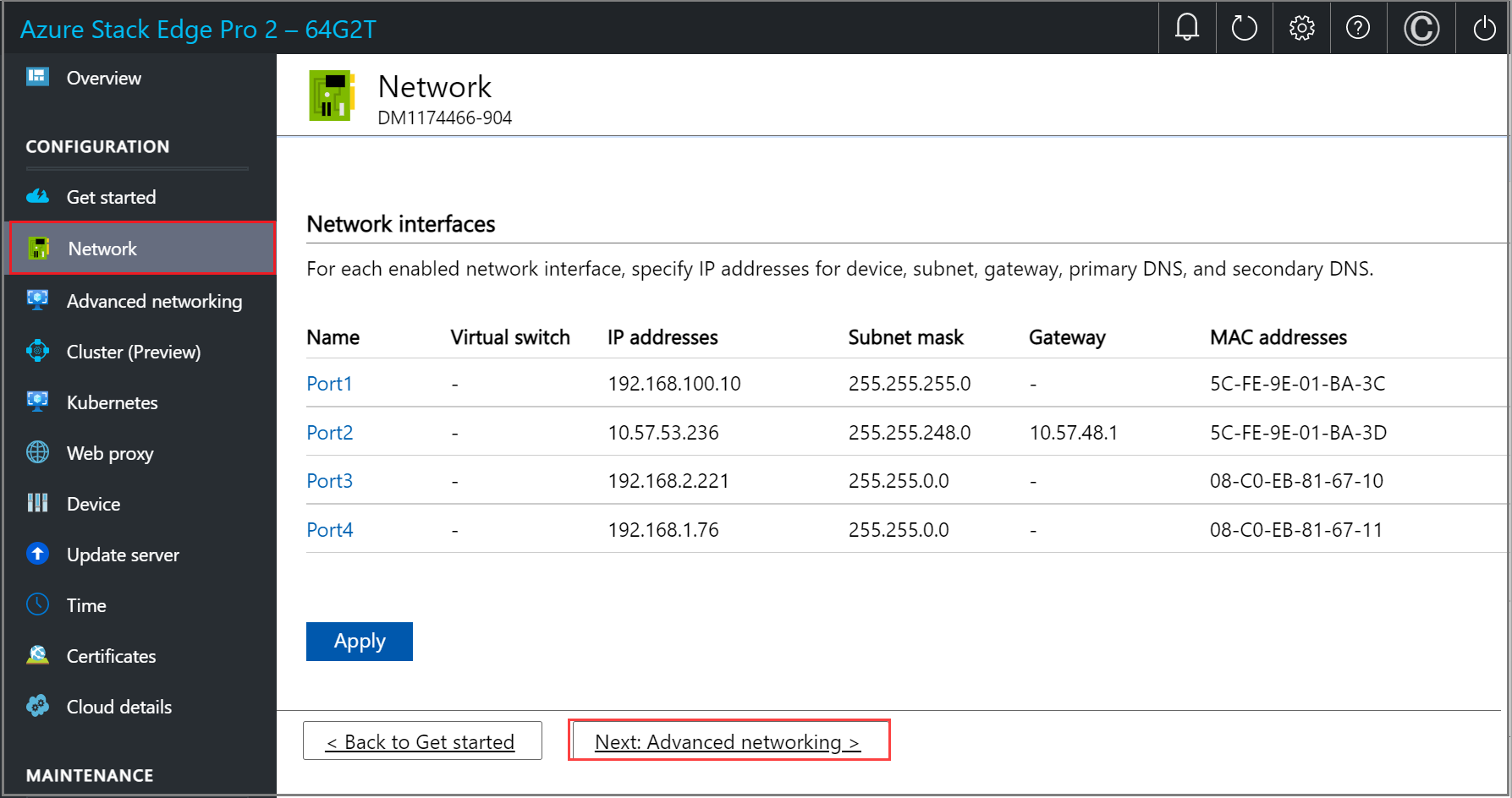 Screenshot of the Network page in the local web UI of an Azure Stack Edge device whose network is configured.