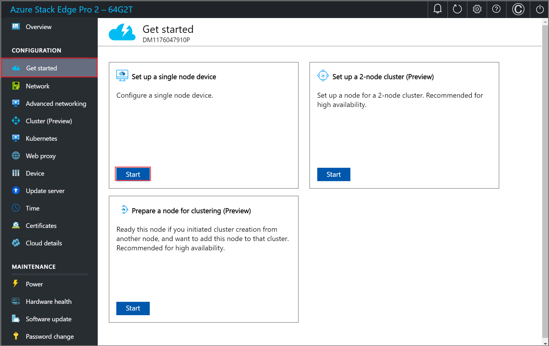 Screenshot of the Get started page in the local web UI of an Azure Stack Edge device. The Start button on the Set up a single node device tile is highlighted.