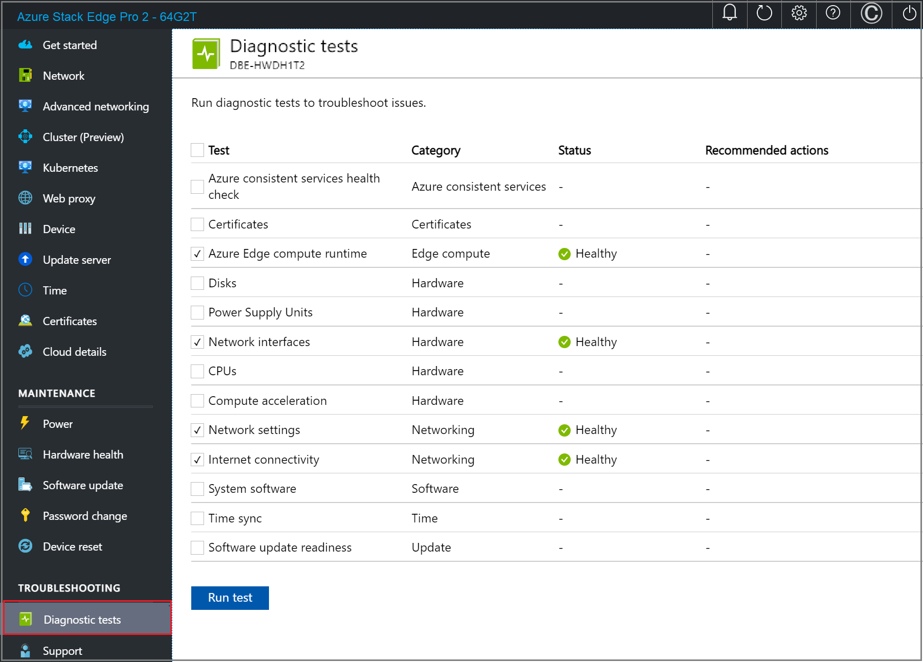 Screenshot of the Diagnostic test results page in the local web UI of an Azure Stack Edge device.