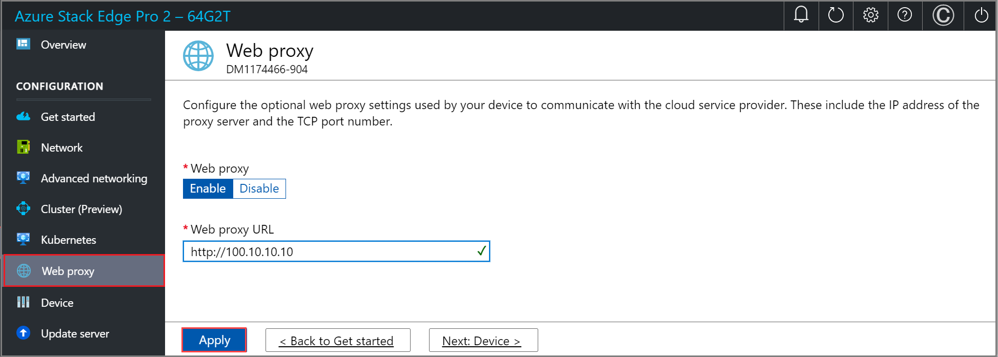 Screenshot of the Web proxy page in the local web UI of an Azure Stack Edge device. The Apply button is highlighted.