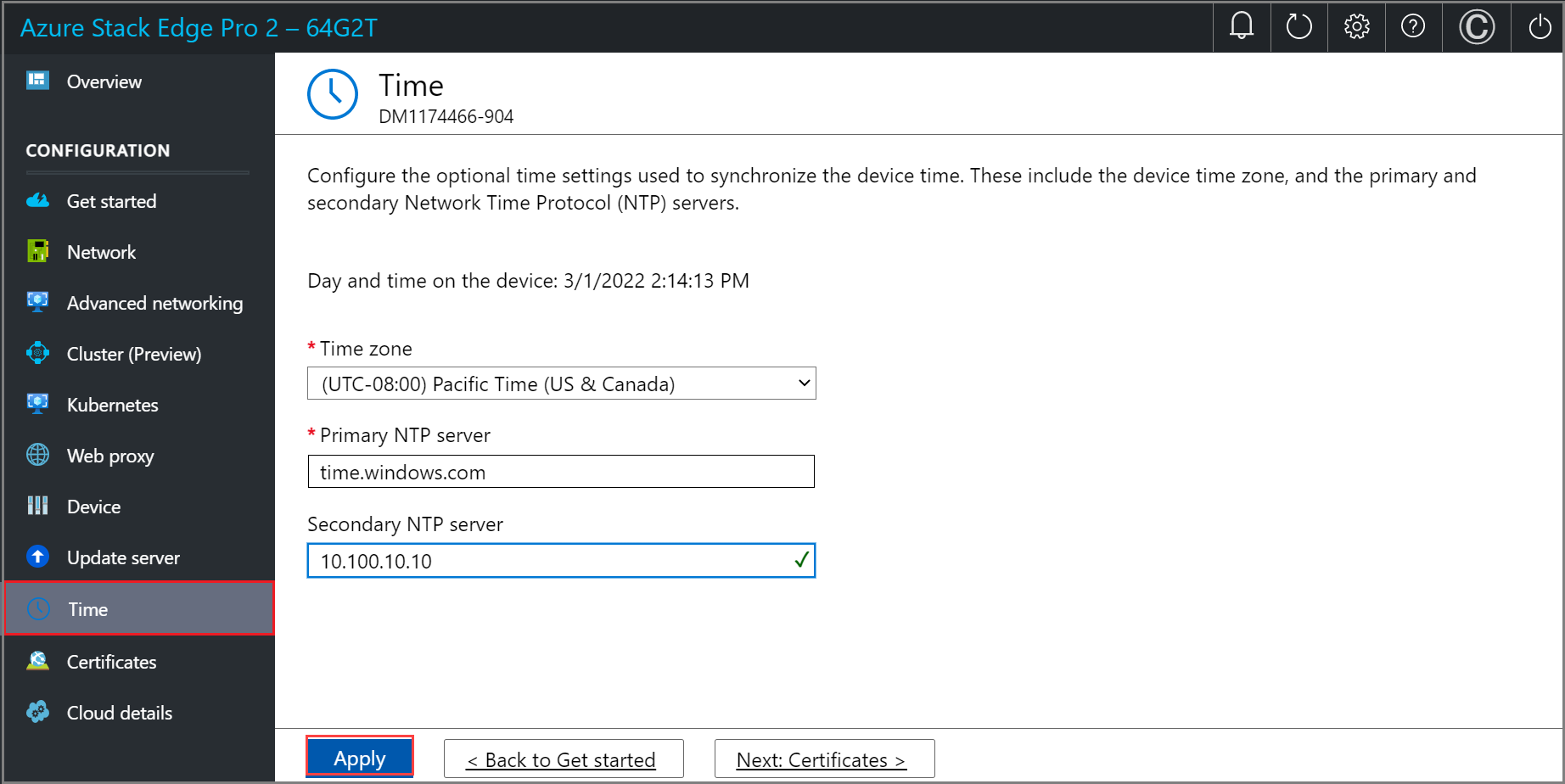 Screenshot of the Time page in the local web UI of an Azure Stack Edge device. The Apply button is highlighted.