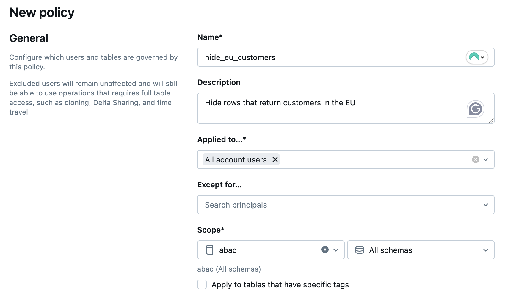 일반 섹션에 대한 ABAC 행 필터 정책 설정 예제입니다.