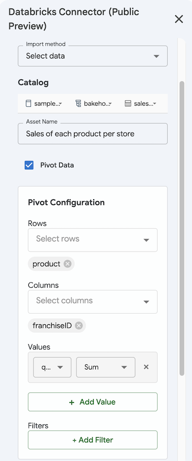 Databricks 커넥터에서 피벗 테이블 구성