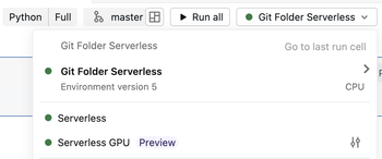 컴퓨팅 드롭다운 메뉴에서 환경 버전 5와 함께 Git 폴더 Serverless가 선택됨을 보여줍니다