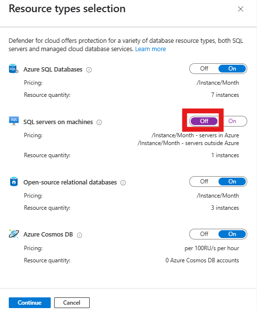 컴퓨터의 SQL 서버에 대해 해제 단추가 있는 위치를 보여 주는 스크린샷.