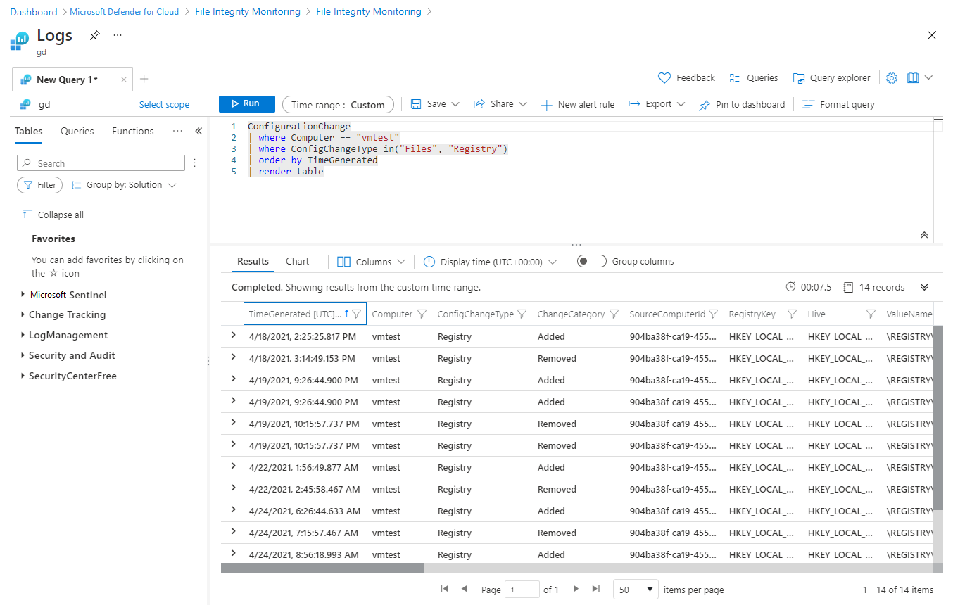 Screenshot of log Analytics query showing the changes identified by Microsoft Defender for Cloud's file integrity monitoring.
