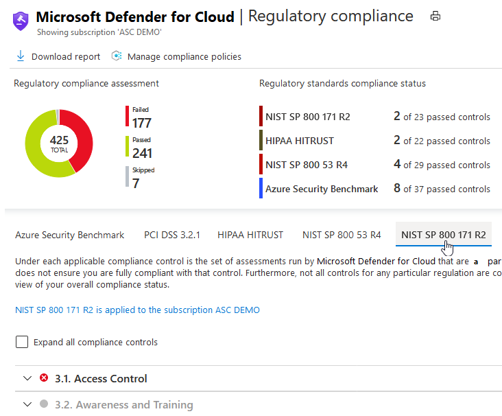 The NIST SP 800 171 R2 standard in Security Center's regulatory compliance dashboard