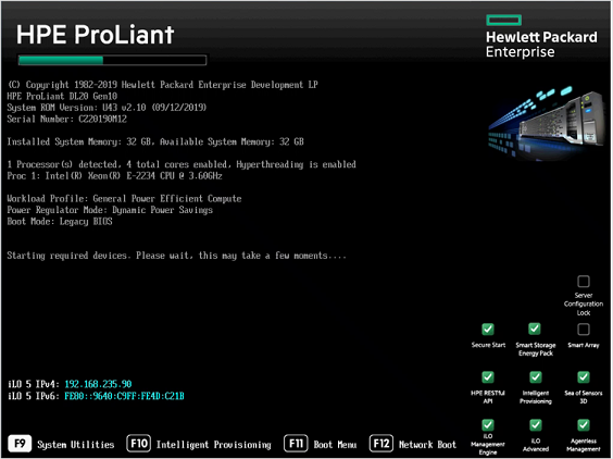 HPE ProLiant 창을 보여 주는 스크린샷.