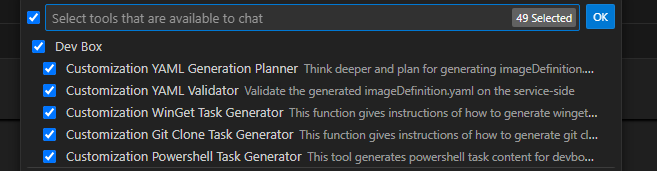 Visual Studio Code의 Copilot Chat 인터페이스 스크린샷.