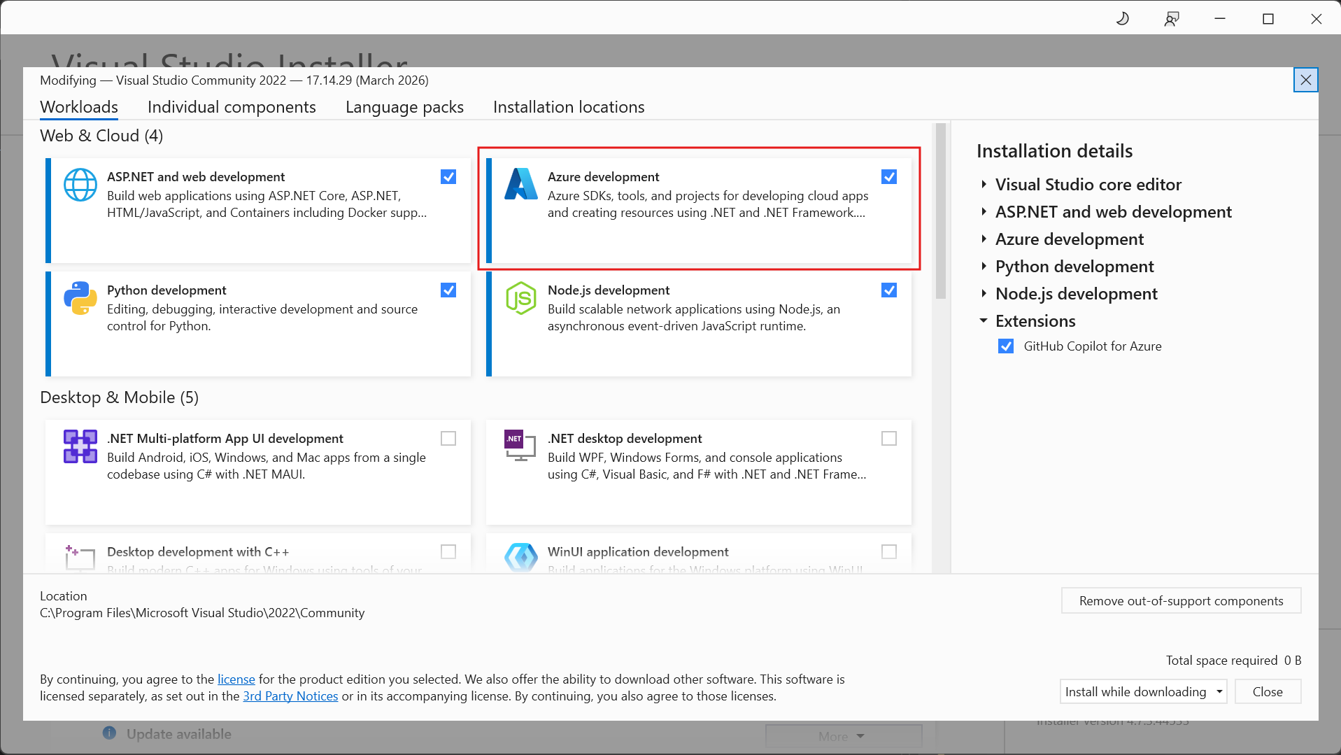 Azure 개발 단추가 강조 표시된 Visual Studio 설치 관리자를 보여 주는 스크린샷.
