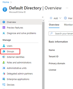 Microsoft Entra ID 기본 디렉터리 페이지의 왼쪽 메뉴에 있는 그룹 메뉴 항목의 위치를 보여 주는 스크린샷