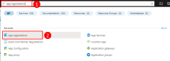 Azure Portal에서 위쪽 검색 창을 사용하여 앱 등록 페이지를 찾아서 탐색하는 방법을 보여 주는 스크린샷.