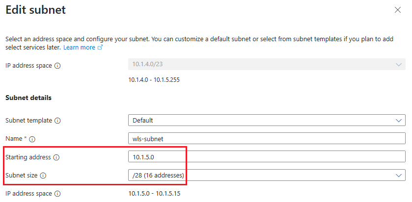 Virtual Network의 Azure VM WLS 서브넷에 있는 Oracle WebLogic Server 클러스터를 보여 주는 Azure Portal의 스크린샷