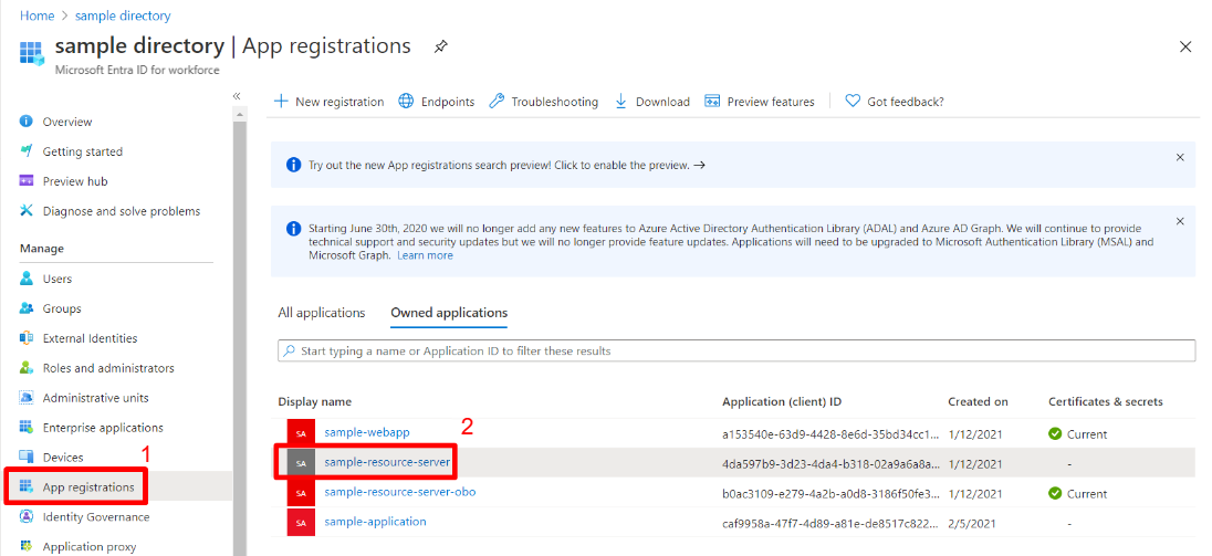 sample-resource-server가 강조 표시된 Microsoft Entra 앱 등록 페이지를 보여 주는 Azure Portal의 스크린샷.