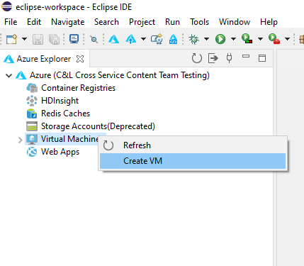 Azure Explorer에서 VM 만들기 옵션