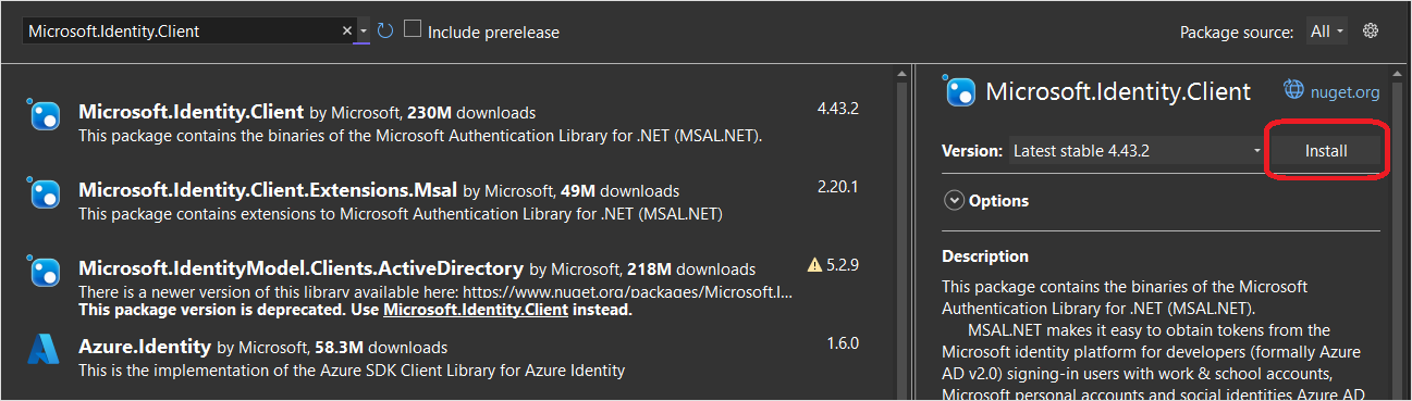 Screenshot of selecting the MSAL NuGet in Visual Studio.