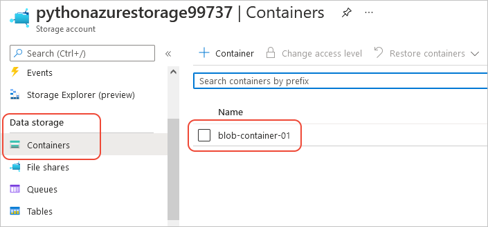 Azure portal page for the storage account showing the blob container